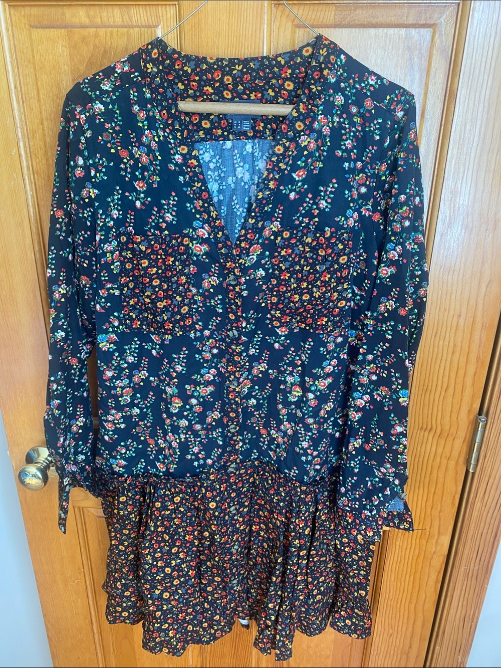 Anthropologie Maeve Black Floral Long-Sleeve Tiered Dress